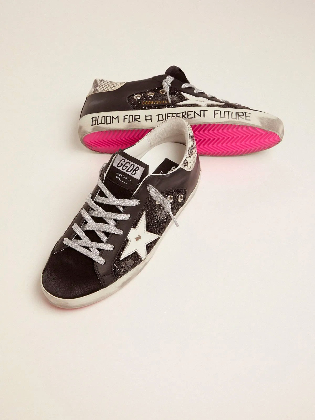 Super-Star sneakers with glitter and handwritten lettering