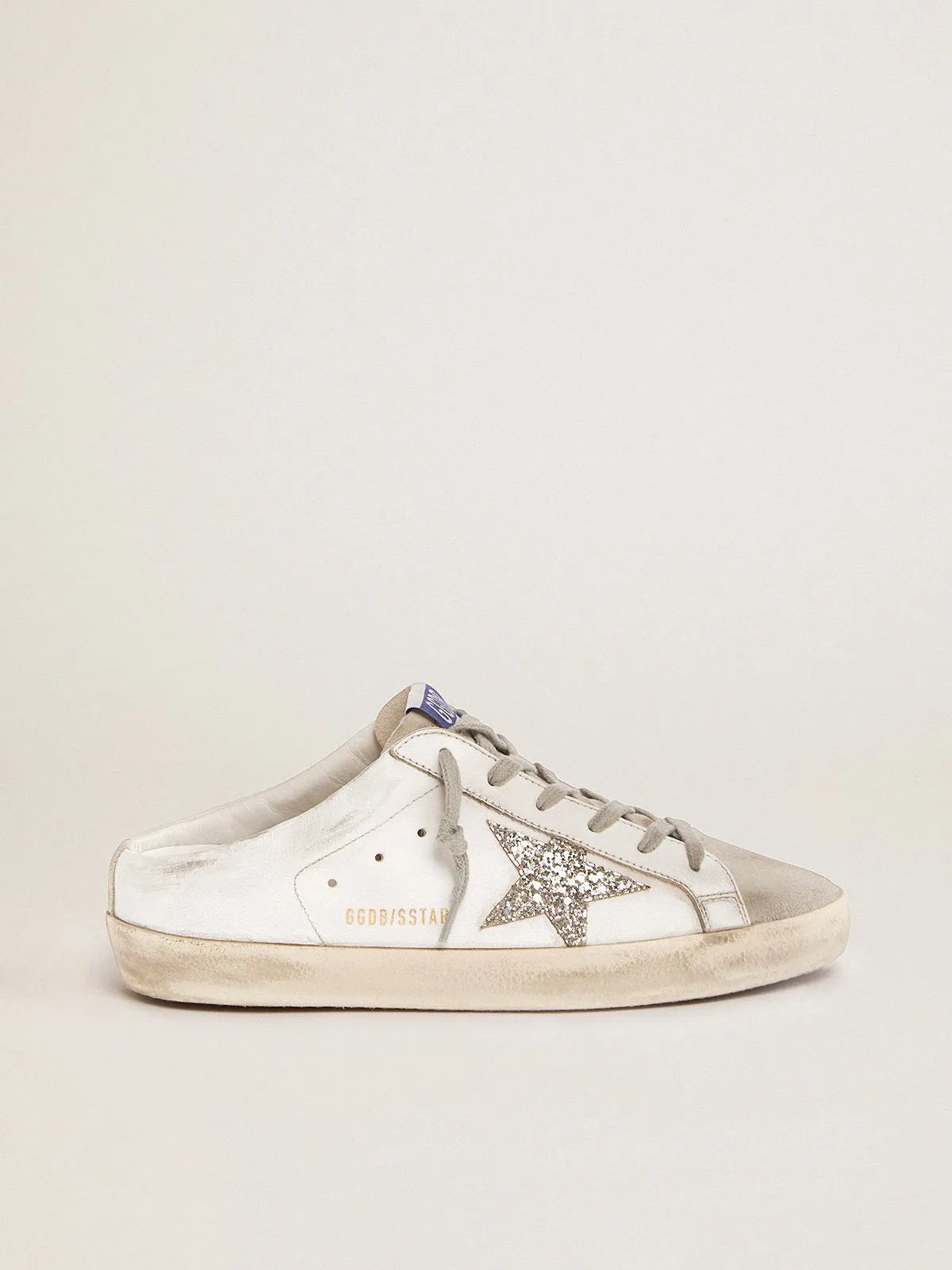 Sabot Super-Star in pelle bianca e camoscio grigio con stella glitter argento 