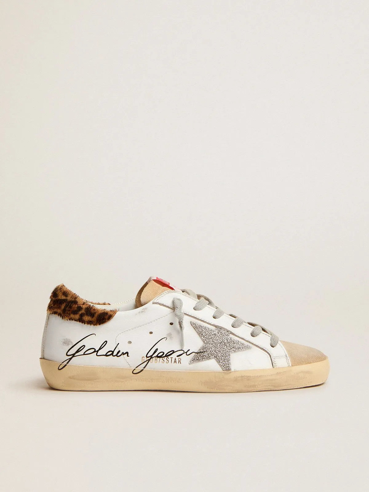 Sneaker Super-Star con talloncino in cavallino stampa leopardo e stella in cristalli Swarovski