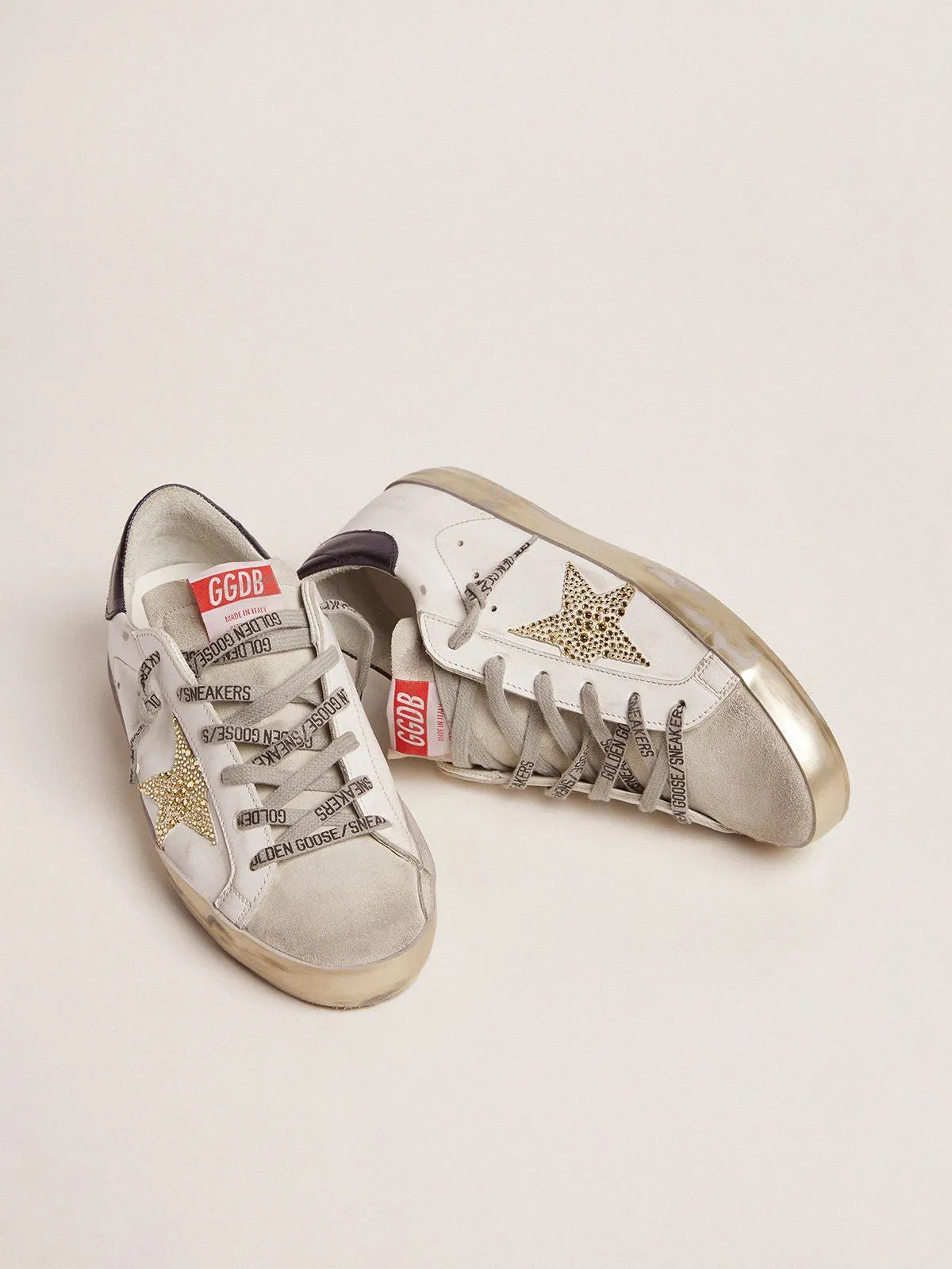 Super-Star LTD sneakers with navy-blue laminated leather heel tab and Swarovski crystal star