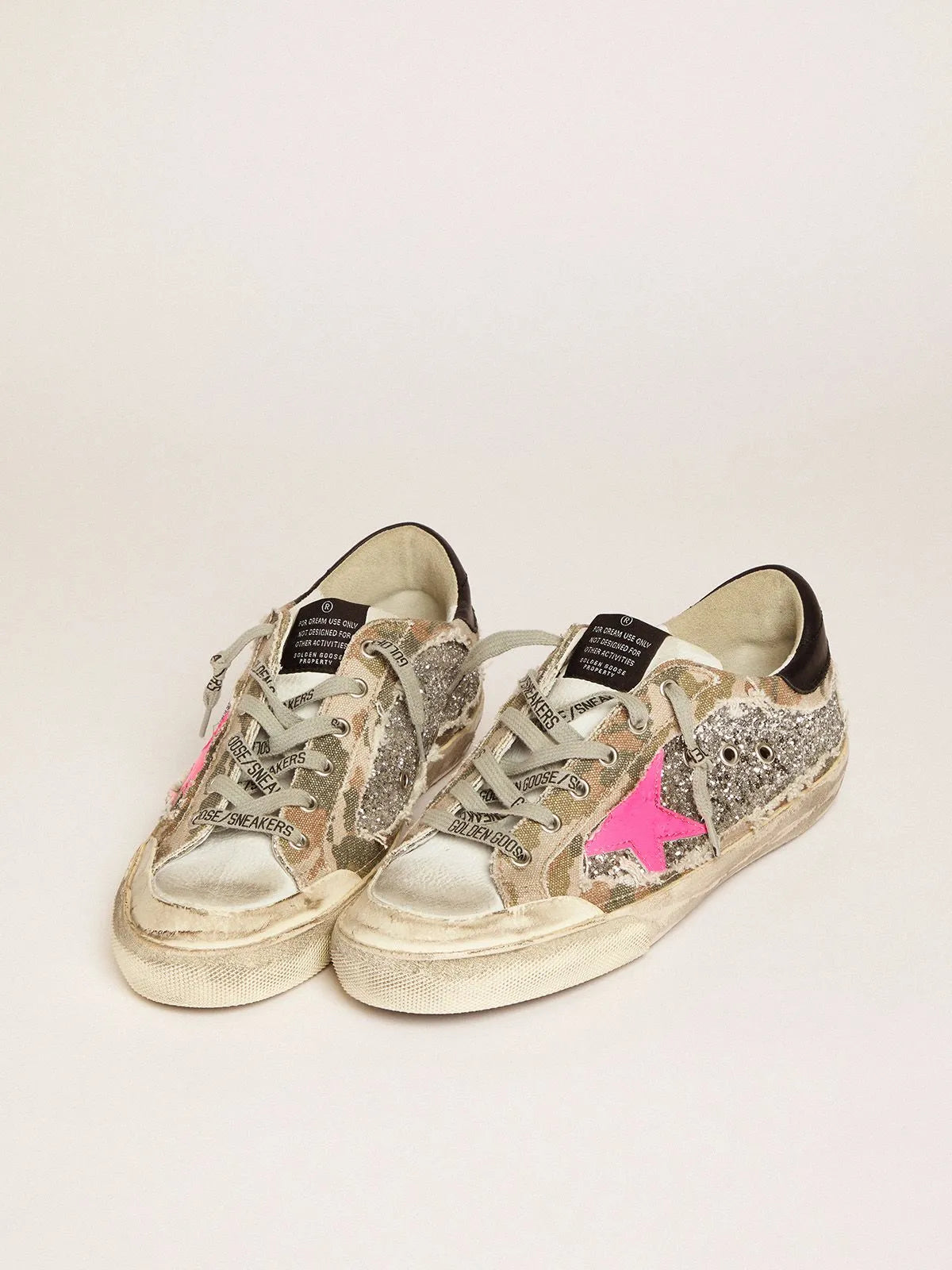 Sneakers Super-Star in glitter argento e tela mimetica