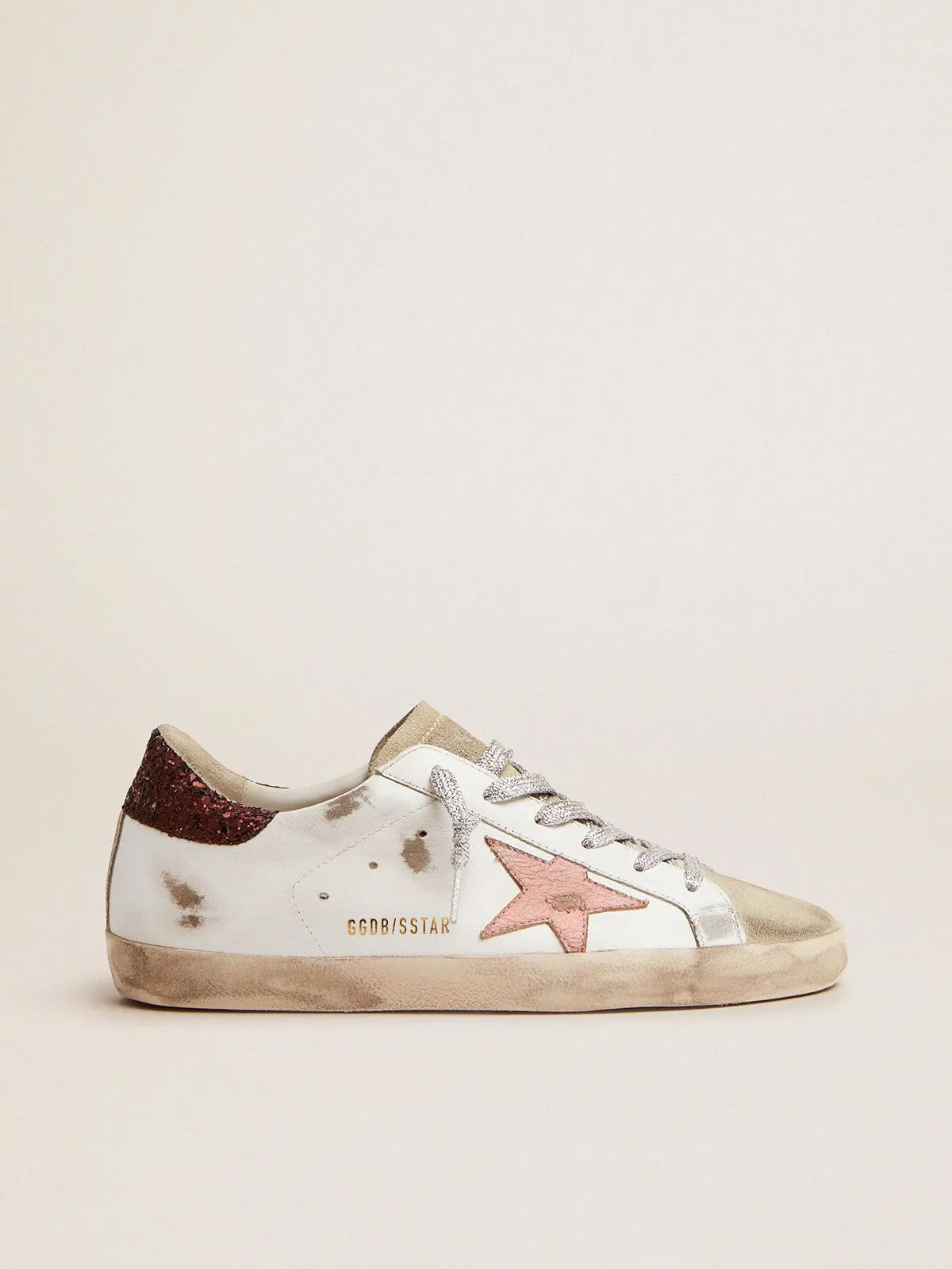 Sneakers Super-Star con tallonetta in glitter marrone e stella in pelle craquelé rosa