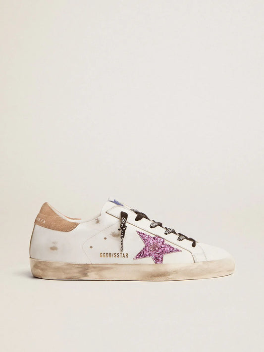 Super-Star sneakers in white leather with lavender-colored glitter star