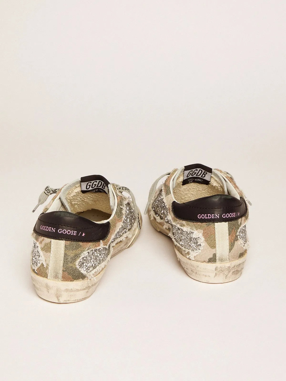 Sneakers Super-Star in glitter argento e tela mimetica