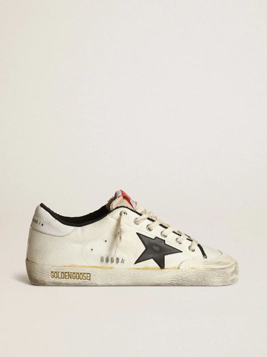 Damen-Sneaker Super-Star LTD aus beigem Canvas mit schwarzem Lederstern und weißer Lederfersenlasche