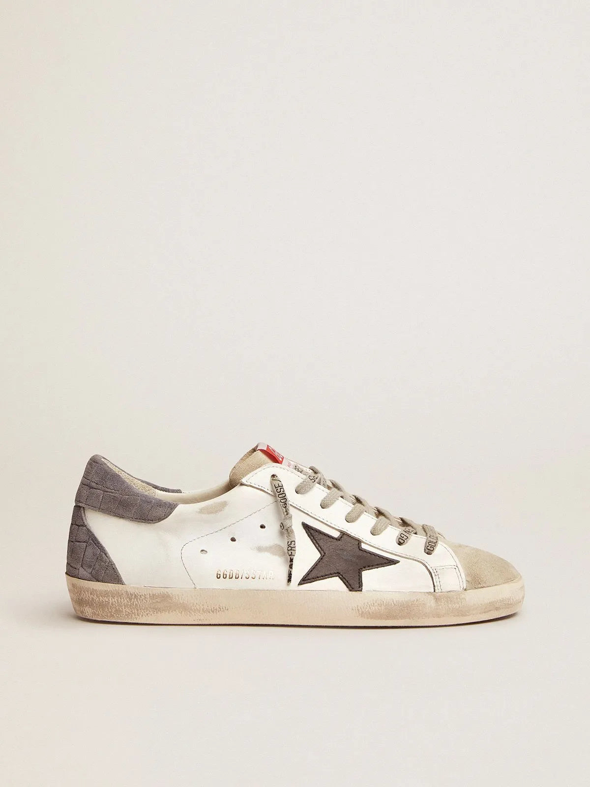 Super-Star LTD sneakers with black leather star and gray crocodile-print suede heel tab