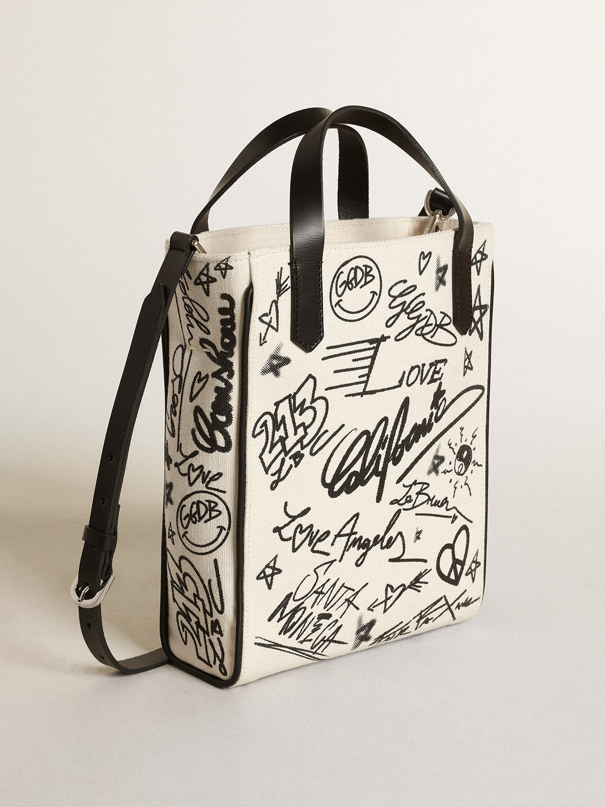 Women's Mini California Bag in white cotton with black print